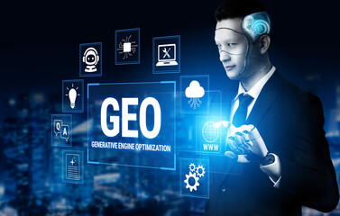 Obraz premium Businessman with robotic features engaged in generative engine optimization represented through futuristic digital interface with various icons and data connections Fluxor.
