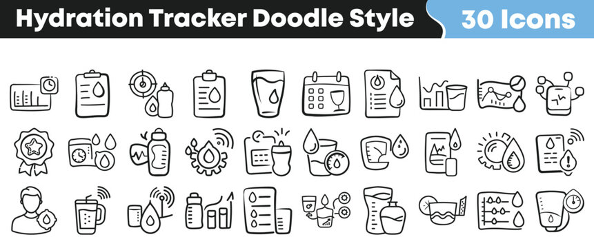 Set of thirty hand drawn hydration tracker icons for health