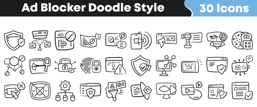 Set of thirty hand drawn ad blocker icons for web design