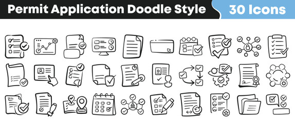 Fototapeta premium Collection of thirty black and white permit application doodle icons