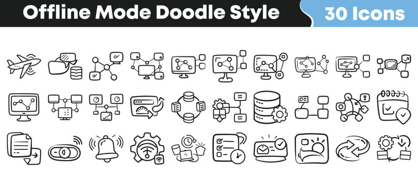 Thirty hand drawn doodle style icons for offline mode settings
