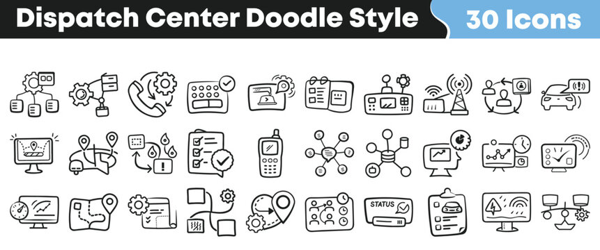 Hand drawn dispatch center icons set for logistics management software