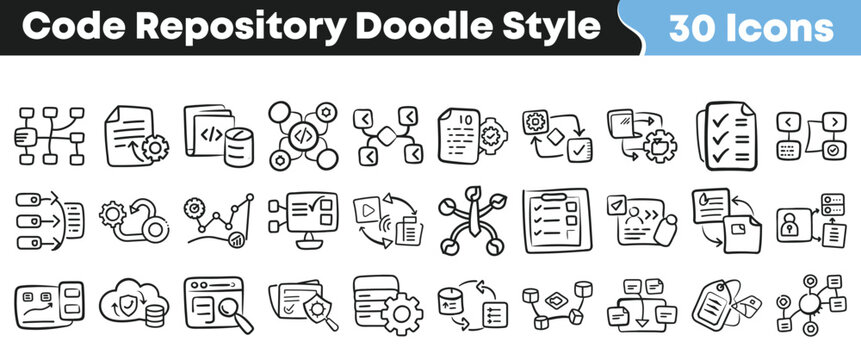 Hand drawn collection of software code repository icons for developers