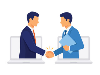 Fototapeta premium Businessmen shaking hands over laptops vector