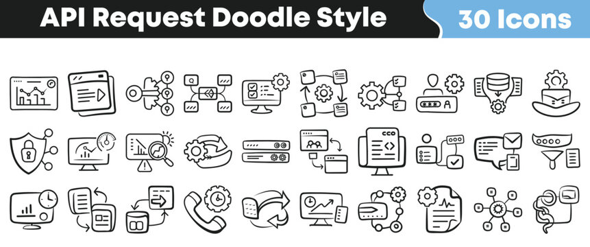 Set of hand drawn api request icons in doodle style