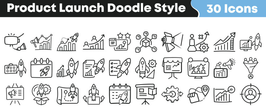 Set of thirty hand drawn doodle style product launch icons
