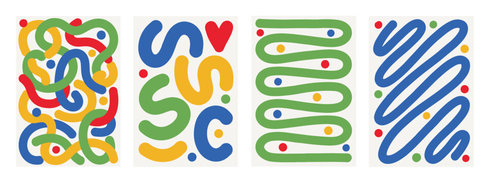 Four abstract panels with colorful organic shapes and dots