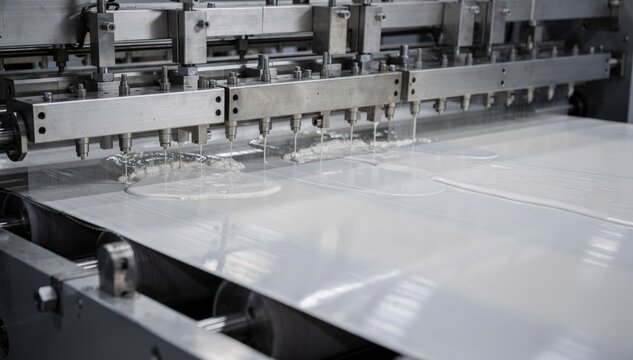 Doublesided aqueous coating heads in medium shot depositing simultaneous wet layers on both sides of a moving sheet showcasing precision and efficiency.