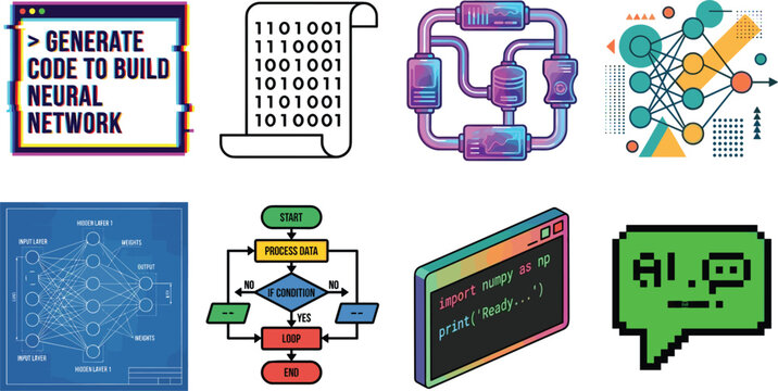Artificial intelligence and neural network development vector icon set featuring machine learning models data processing and programming code