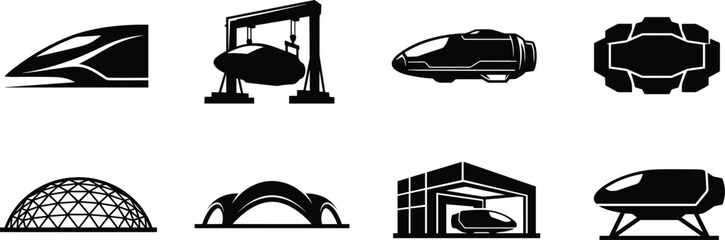 Futuristic transportation and architecture vector icons set featuring high speed hyperloop trains, sci-fi pods, and modern stations © Sabbir