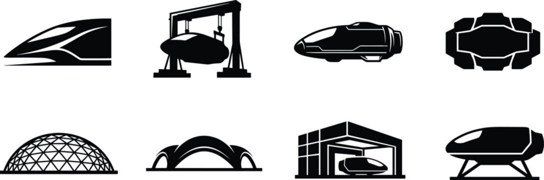 Futuristic transportation and architecture vector icons set featuring high speed hyperloop trains, sci-fi pods, and modern stations
