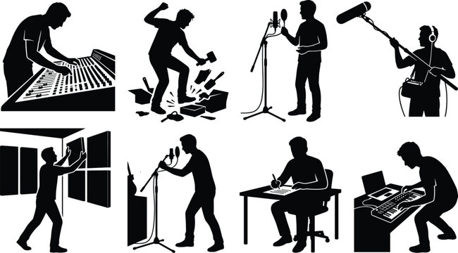 Glassblowing craft scientific glass engineering and lathe workshop metal fabrication vector silhouette icons set featuring artisans and technical manufacturing