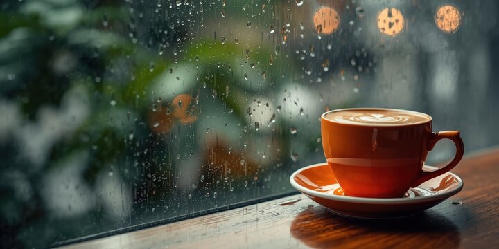 Warm orange coffee cup on a wooden window sill during a rainy day with blurred green foliage and soft bokeh lights