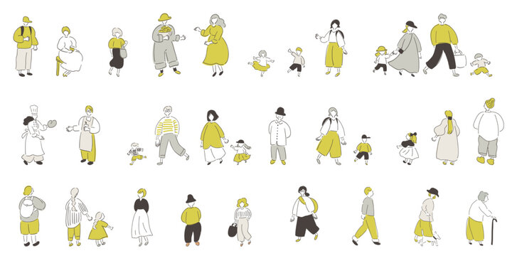 家族＆コミュニティ,おでかけの人たちイラストセット｜ベクター,ゴールド＆グレー