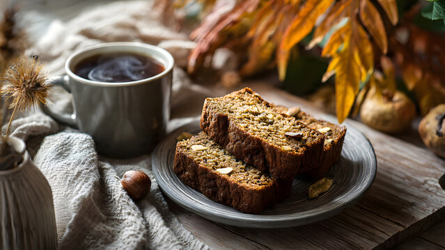 Delicious sliced homemade banana bread served on a plate next to a warm steaming coffee mug during a cozy autumn morning snack break time.