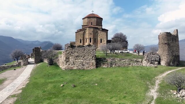 Jvari monastery aerial circling historic landmark in mtskheta, georgia