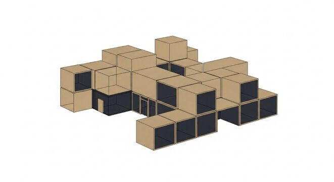 Minimalist isometric modular structure of connected dark and light boxes