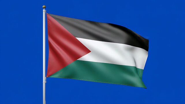 Patriotic Palestine flag waving proudly against blue screen background&nbsp;expressing national pride and unity for international celebration events