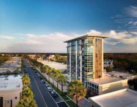 mid rise buildings line morrison dr near nomo district with palm lined streets and active parking areas glass reflections clean rooflines and balanced urban textures charleson south carolina