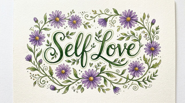 Self Love Hand Drawn Typography with Purple Daisy Flowers