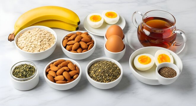 Healthy Suhoor Breakfast with Boiled Eggs, Oats, Almonds, Bananas and Tea on Marble Surface