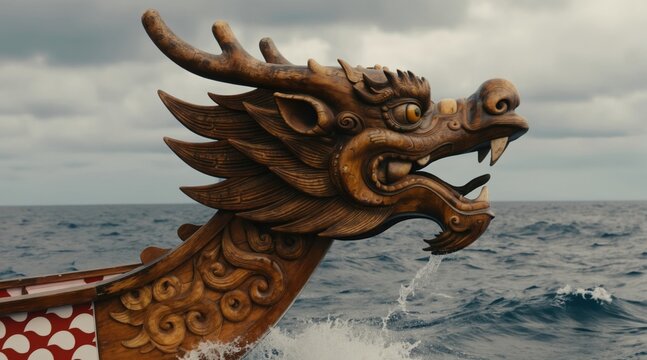 Wooden dragon boat prow navigates choppy sea waves under overcast sky. Intricately carved dragon head leads vessel forward through ocean waters. Traditional Asian craft sails on the open sea.