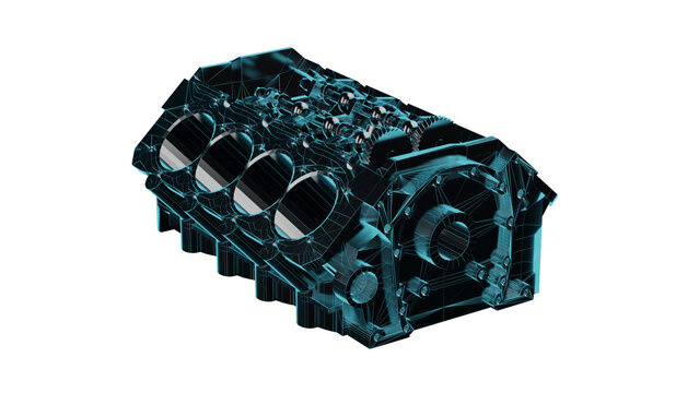 Close up detailed fully textured realistic 3D render of top of the line car engine block assembled with steel cylinders casings, pistons, flywheel and other premium engineering parts, white backgroun.