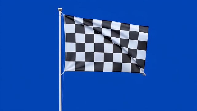 Racing to the finish line with checkered flag waving against blue screen background, symbolizing victory and success in motorsports