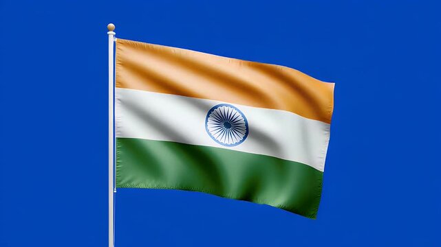 Dynamic Indian flag waving proudly against a deep blue sky, symbolizing national pride and celebration of India