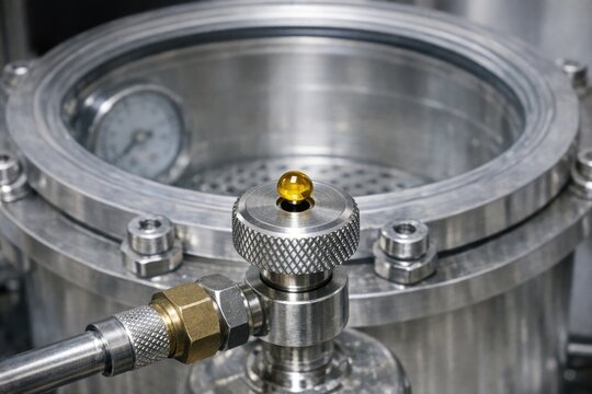Close-up shot of a metal device featuring a yellow knob