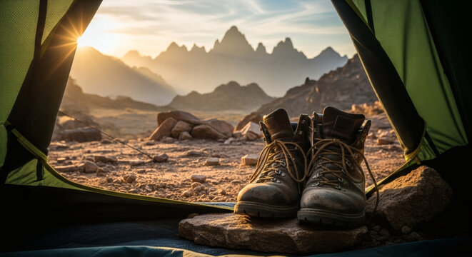 Hiking boots resting inside a camping tent overlooking majestic mountain peaks during a beautiful golden hour sunset landscape view