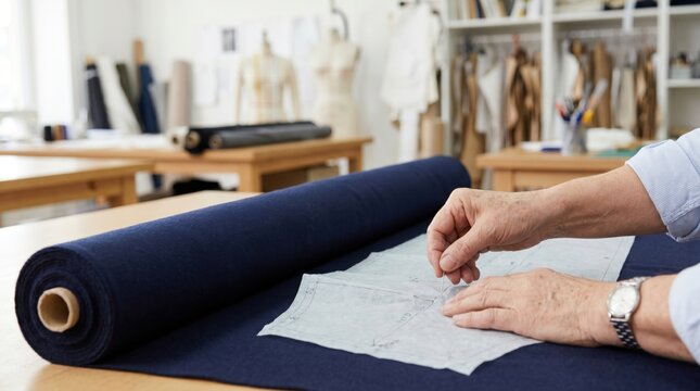 Senior tailor hands pinning paper sewing pattern to dark blue fabric roll on wooden workshop table