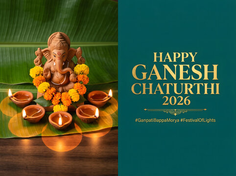 Ganesh chaturthi 2026 festival greeting with clay idol on banana leaf and diya