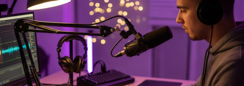 Young male gamer or streamer wearing a headset and talking into a microphone at home. Man playing online video game or recording podcast in a modern studio.