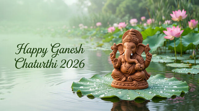 Ganesh chaturthi 2026 lush nature scene with clay idol on lotus leaf in misty water