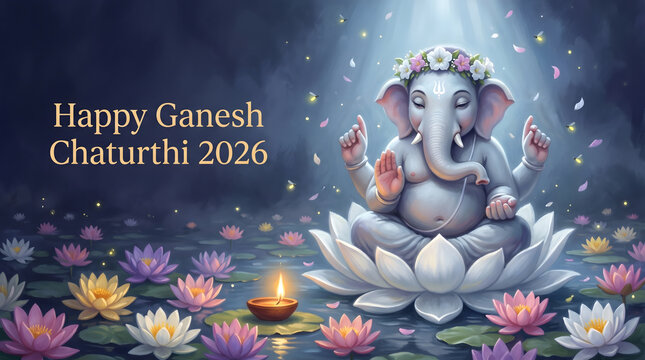 Cute white Ganesha cartoon sitting on lotus with flower wreath meditating