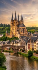 Fototapeta premium Majestic Cathedral Overlooking a Picturesque European Town and River at Sunset.