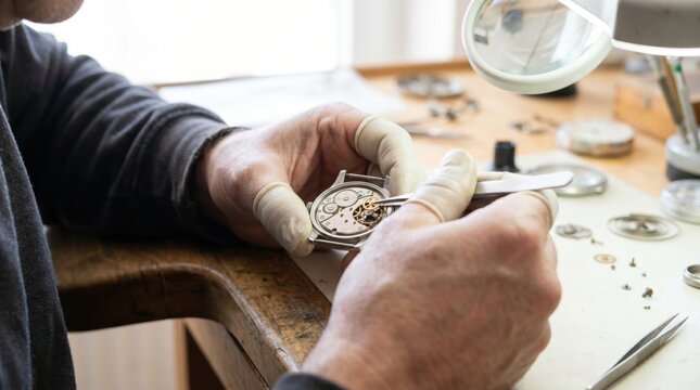 Close up of watchmaker hands with finger cots using tweezers to repair mechanical watch movement