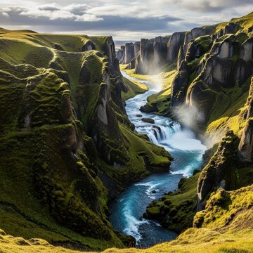 Majestic Fja?r?rglj?fur Canyon with River and Waterfall in Iceland.