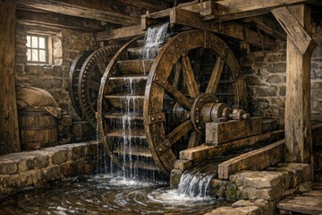 Fototapeta premium Water wheel in a stone building with a waterfall