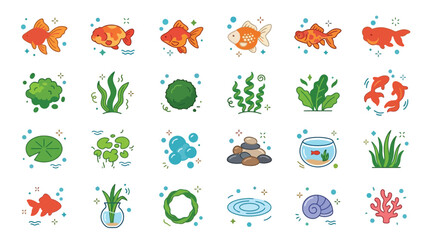 Collection of Cute Cartoon Aquarium Elements and Goldfish Illustrations. © Banana Milk