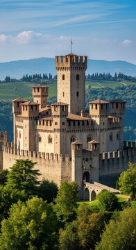 Majestic medieval castle fortress surrounded by lush green trees and rolling hills under a clear blue sky.