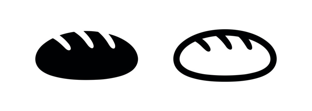 Loaf of bread icon set in solid glyph and outline styles, symbolizing fresh baked goods, bakery, and staple foods.