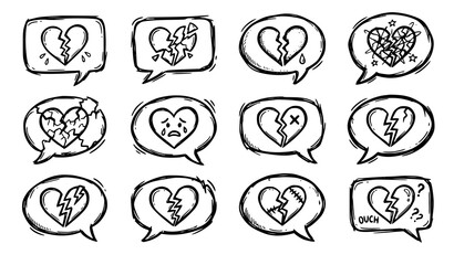 Fototapeta premium Freehand Cartoon Speech Bubble Broken Heart Collection with Emotional Doodle Sketch Vector Set