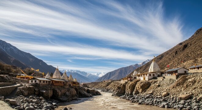 Majestic Himalayan Valley with a River and Temples.