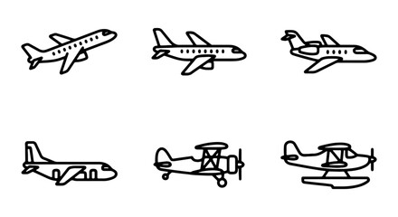 Airplane Icons Set, Aviation Vector Graphics, Commercial Jet, Biplane, Seaplane, Aircraft Collection © Hamidul