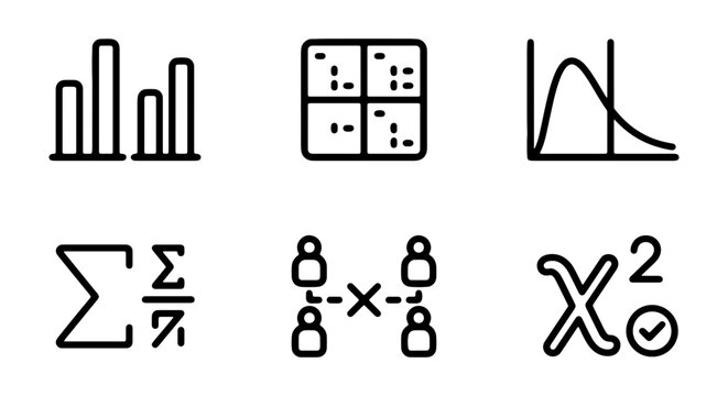 Statistical Icons: Bar Chart, Matrix, Bell Curve, Summation, Social Network, Chi-Squared Test