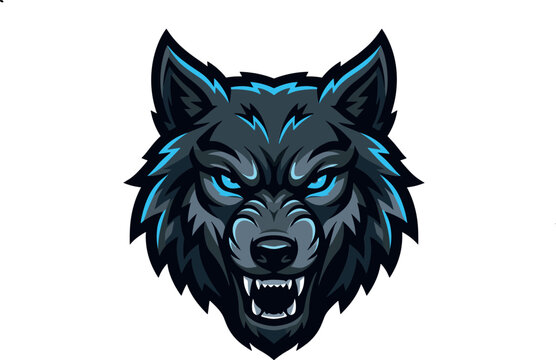 Angry wolf head mascot logo vector illustration with glowing blue eyes fierce aggressive wild animal character design