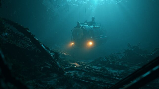 A small deep-sea submersible descending beside twisted metal debris on the ocean floor, eerie and quiet, cold blue-green light, wide composition.