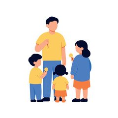 Fototapeta premium Dad and three children enjoying sweet treats together, viewed from the back